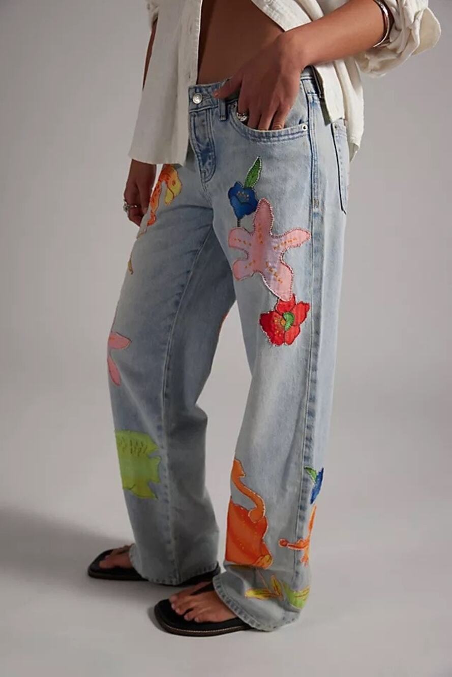 Free People We The Free Surfside Patched Jeans Seahorse Beach Theme NWT 28